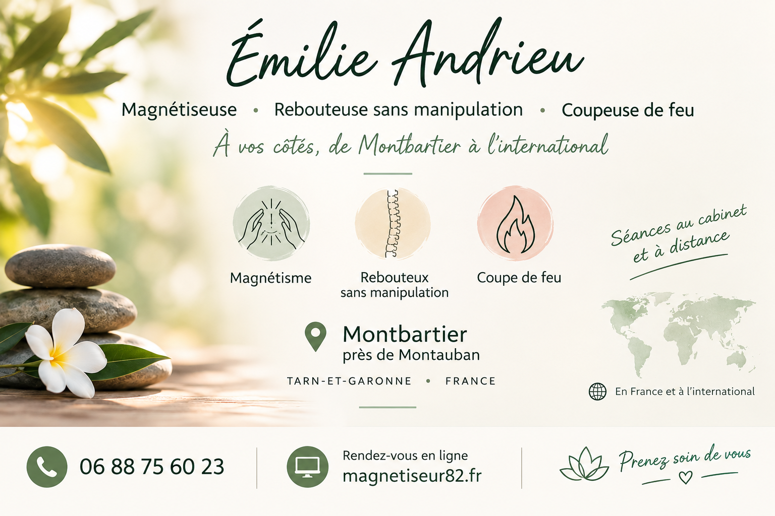 Magnétiseuse, rebouteuse sans manipulation et coupeuse de feu : Émilie Andrieu à Montauban, en France et à distance